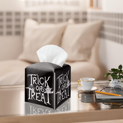 Halloween Trick Or Treat Tissue Box Holder, Black Leather Tissue Box Cover Square, Facial Paper Organizer Dispenser Toilet Paper Holder for Bathroom Kitchen Office Home Decor-A08