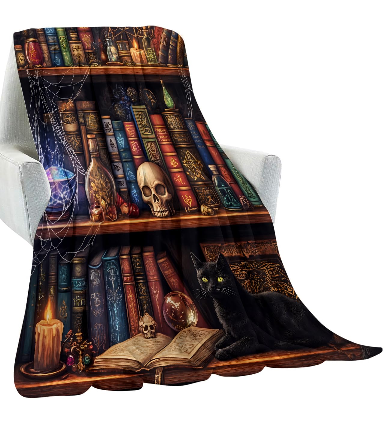 amepay Gothic Library Blanket Gifts for Women Adult Girls,Goth Witches Bookshelf Throw Blankets,Soft Comfy Lightweight for Home Halloween Couch Bed Sofa Decor Skulls Black Cat Potions Design 50x60in