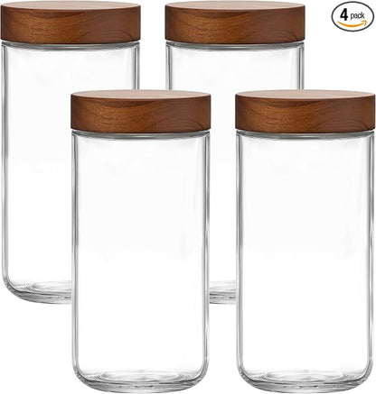Danmu 24 oz Glass Jars with Lids 4 Pack,Acacia Wood Lid | Airtight Canister for Coffee Bean Storage,Pantry,Home Organization,Leakproof,Dishwasher Safe(remove lids),Fridge Safe