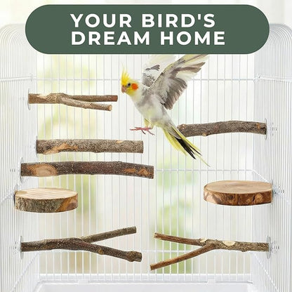 12 Pcs Natural Bird Perches and Shreddable Parakeet Toys, Essential Parrot Cage Accessories with 8 Wood Standsand 4 Shreddable Parakeet Toys, Foraging Shredder and Bird Accessories for Cages
