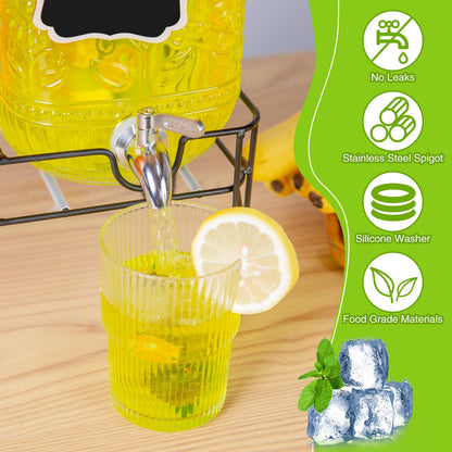 2-Pack1Gallon Glass Drink Dispensers for Parties,Beverage Dispenser with Stainless Steel Leakproof Spigot/Stand/Bamboo Lids/Fruit Infuser/Chalkboard Labels.for Lemonade & Iced Tea,Party Drinks