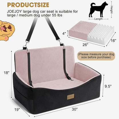 JOEJOY Dog Car Seat for Large Medium Sized Dogs Under 55 lbs, Dog Booster Seat for 2 Small Dogs with Detachable Washable Cover, Memory Foam Pet Car Seat with 2 Safety Belts and Storage Pockets