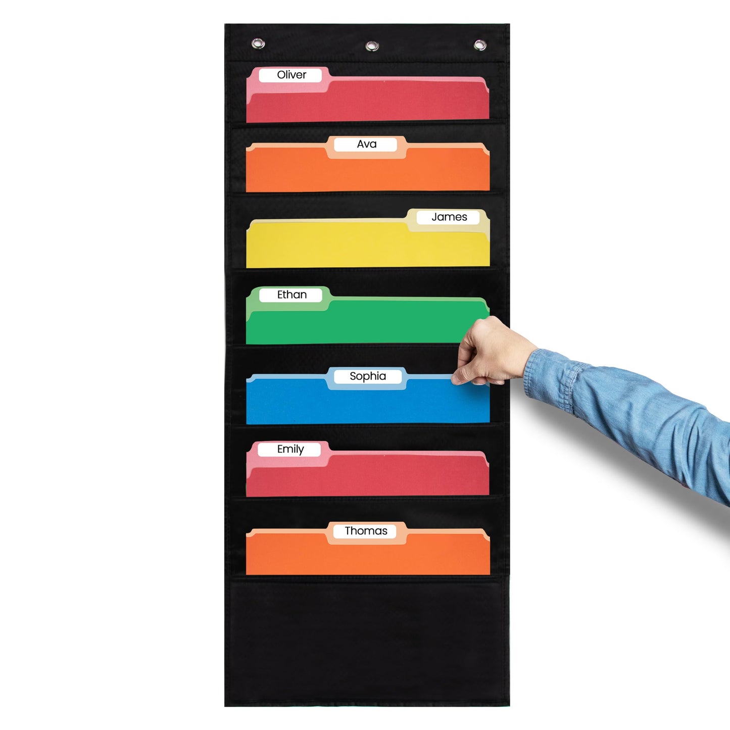 Essex Wares - 7 Pocket File Pocket Chart, Black, Tall - Versatile Wall Hanging File Folder Organizer for Classroom, Office, Home, and More - Wall Folder Organizer - 7 Pockets