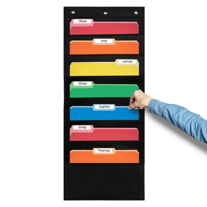 Essex Wares - 7 Pocket File Pocket Chart, Black, Tall - Versatile Wall Hanging File Folder Organizer for Classroom, Office, Home, and More - Wall Folder Organizer - 7 Pockets