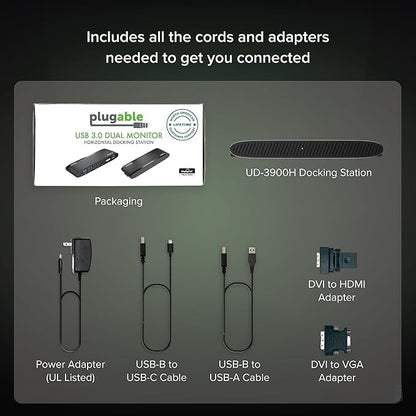 Plugable USB 3.0 Universal Docking Station for Windows, macOS, ChromeOS (Dual HDMI Monitors or DVI/VGA, Gigabit Ethernet, Audio, 6 USB Ports)