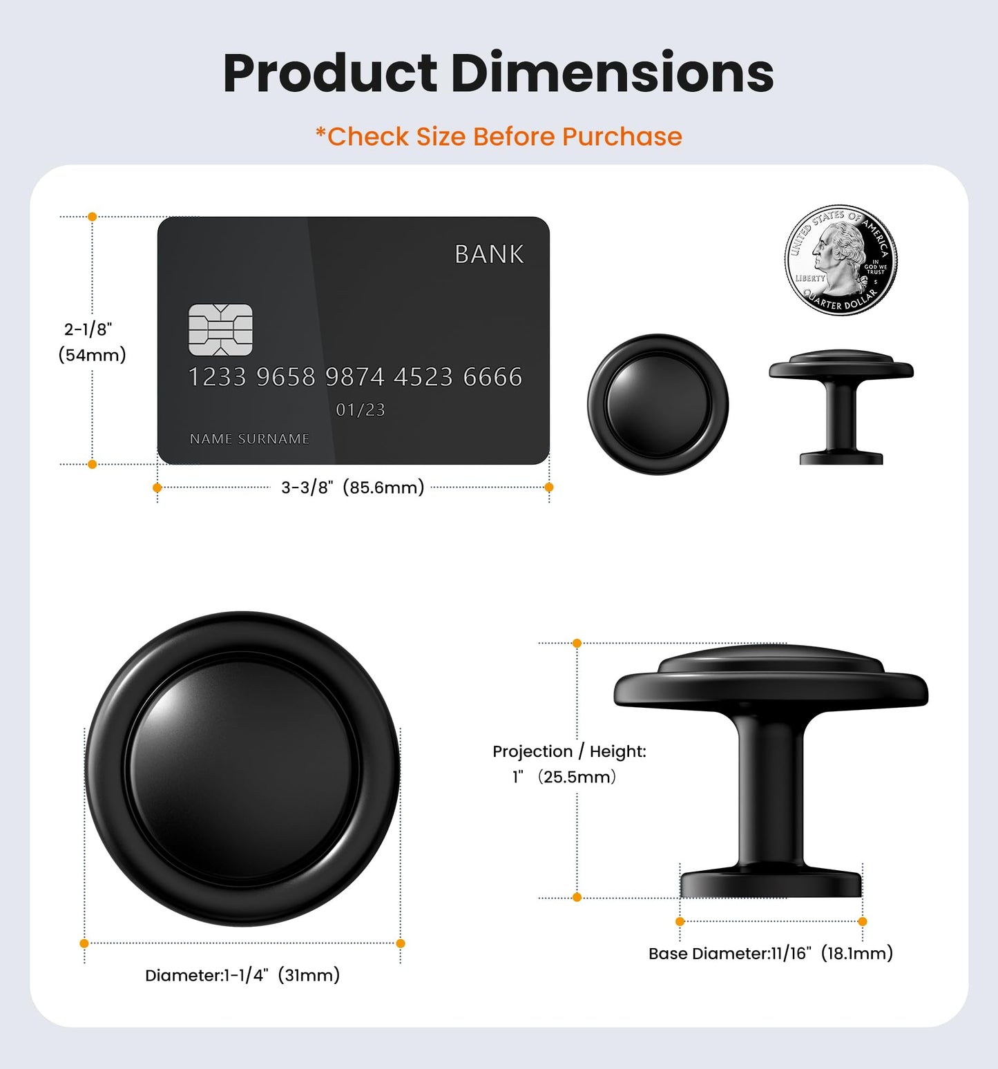 Veise 30 Pack 1-1/4 Inch Matte Black Solid Zinc Alloy Euro Style Cabinet Knobs, Single Hole Round Drawer Pulls for Kitchen Dresser Bathroom Vanity and Various Furniture