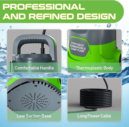 Sump Pump 1HP Submersible Water Pump 3700GPH Electric Portable Transfer Water Pump for Pool Draining Basement, Green