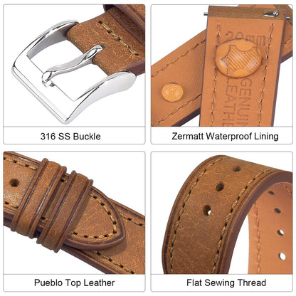EACHE 20mm Leather Watch Band for Men, Italy Pueblo Top Grain Leather Watch Straps Quick Release Tan