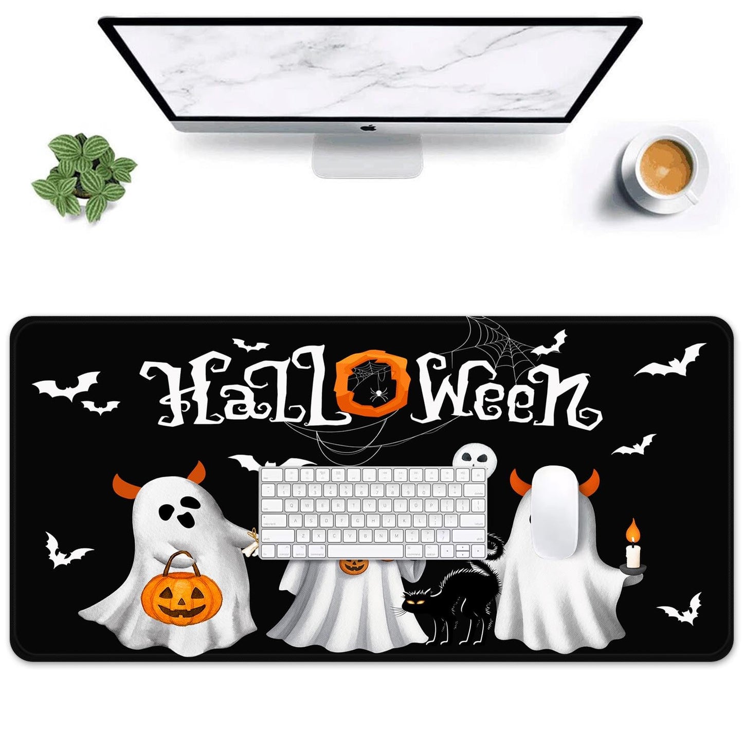 Britimes Halloween White Cute Ghost Large Mouse Pad Non-Slip Desk Pad Keyboard and Mouse Desk Mat Pumpkin Bat Black Gaming Mousepad for Game,Office & Home,31.5 x 15.7 in
