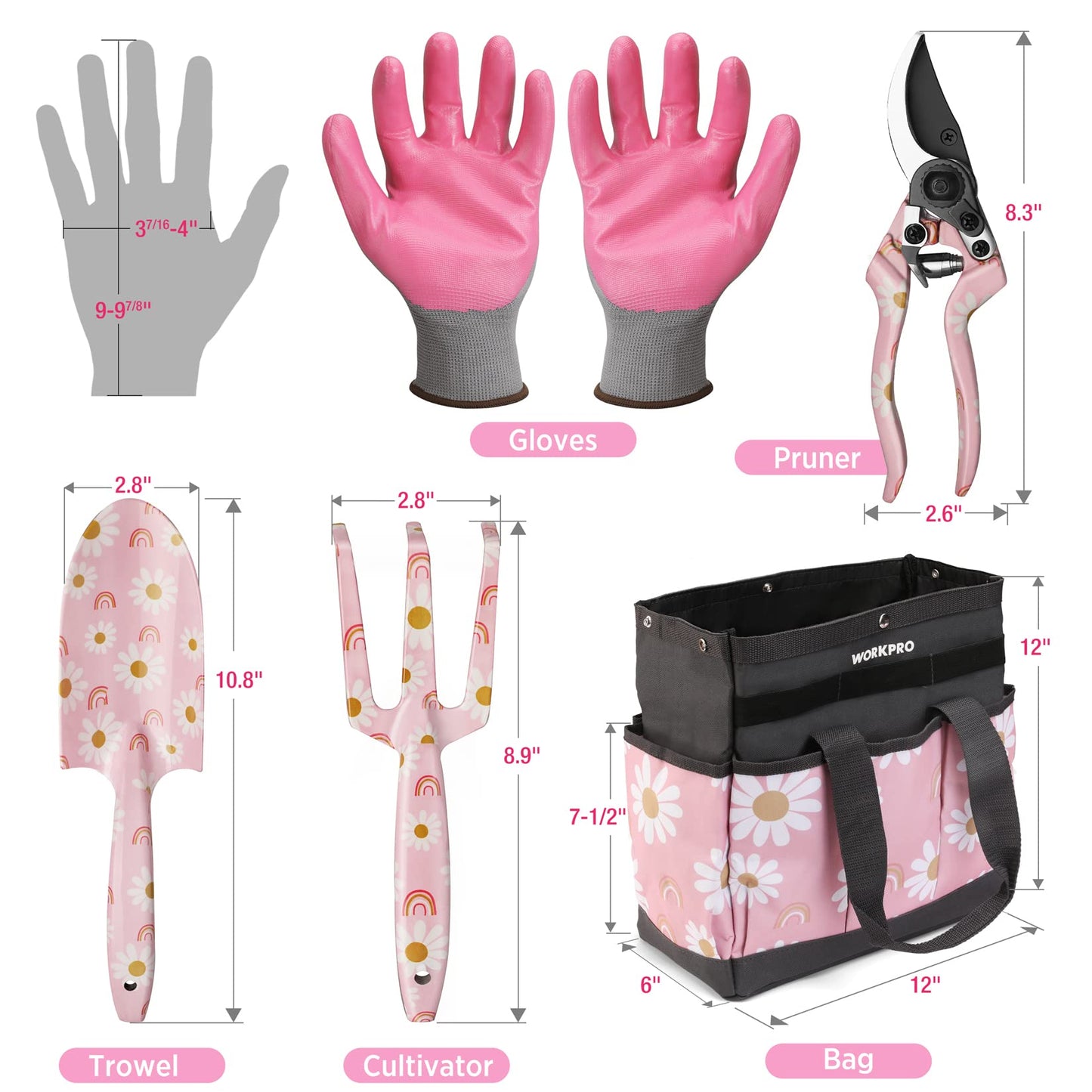 WORKPRO 5PCS Gardening Tools, Aluminum Heavy Duty Garden Tool Set with Bag, Ideal Gardening Gifts for Women-Pink Ribbon