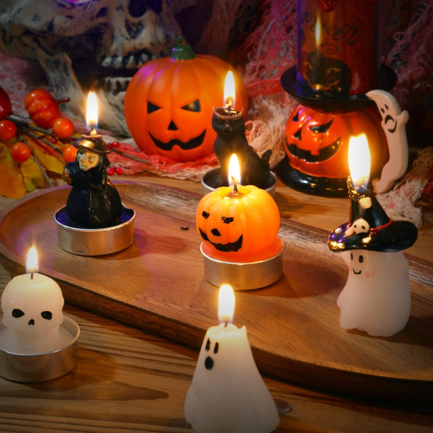 Rossesay 12 PCS Halloween Decoration Ghost Candles Pumpkin Skeleton Cat Witch Cute Mini Candles White Soy Wax Horror Tea Lights Spooky Set for Autumn Halloween Party Home Decorations
