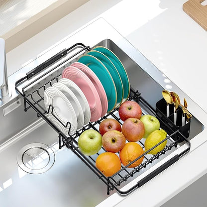 Urackify Expandable Stainless Steel in Sink Dish Drying Rack - Adjustable Dish Rack Over Sink, Rustproof Dish Drainer for Kitchen Counter, Dish Strainer with Utensil Holder, Fit Sink for 13"-18"