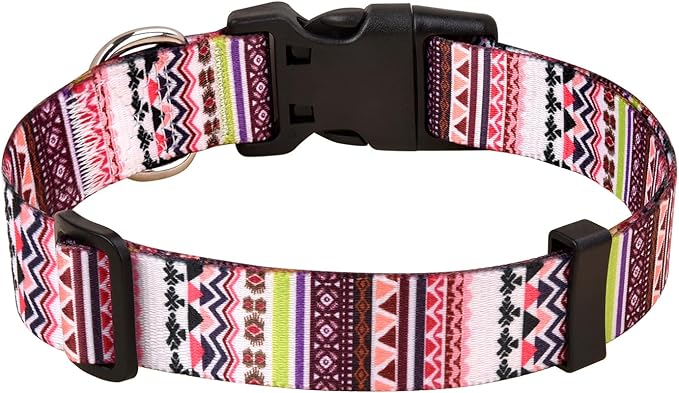 Mihqy Dog Collar with Bohemia Floral Tribal Geometric Patterns - Soft Ethnic Style Collar Adjustable for Small Medium Large Dogs(Pink Bohemia,M)