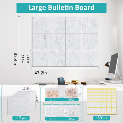 Bounmer Large Cork Board for Walls 48" x 36" - 12 Pack Felt Wall Tiles with Safe Removable Adhesive Tabs & 30 Pcs Pushpins - Bulletin Board for Office Home Decor (Marble)