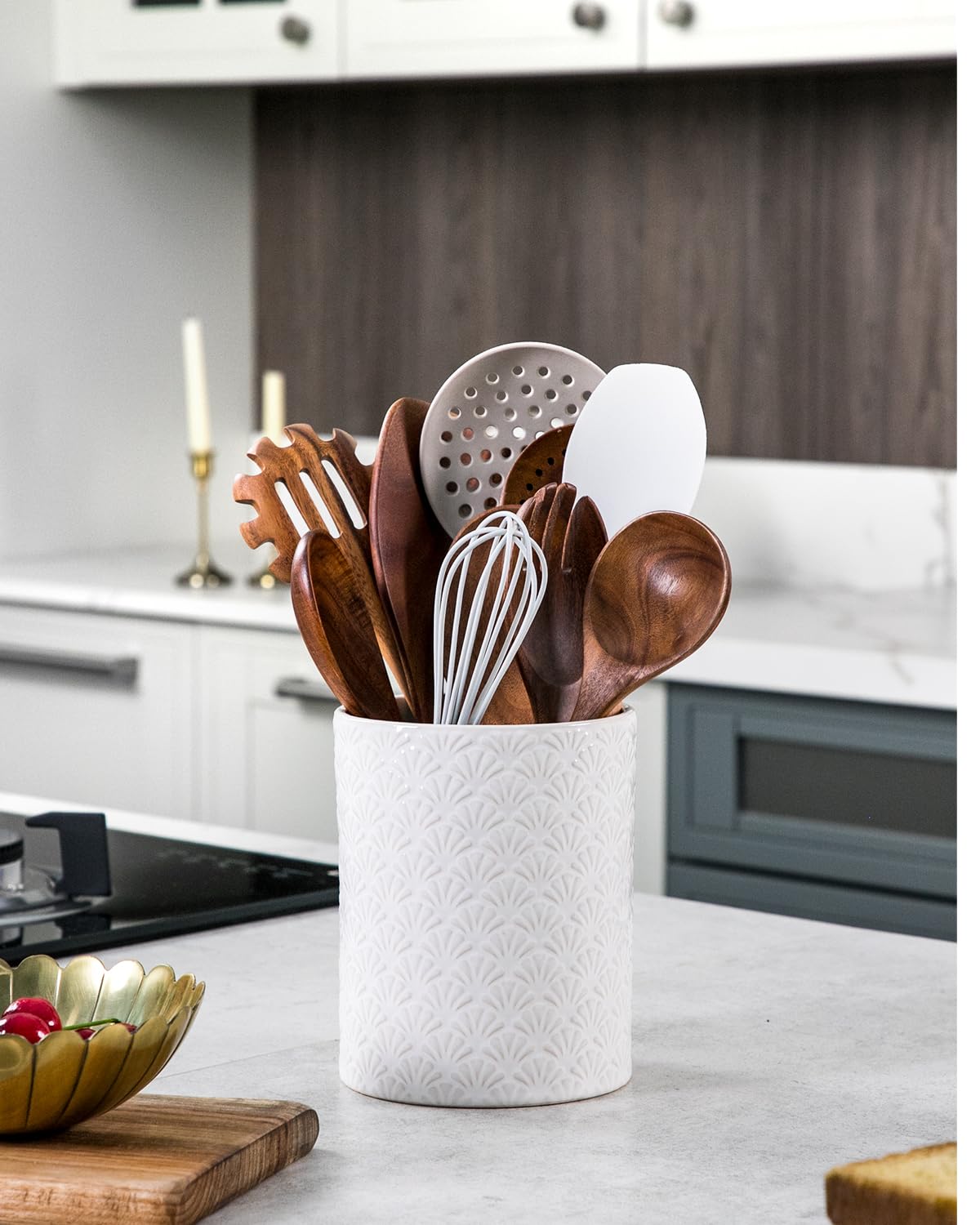 Nucookery 6.4'' Utensil Holder - Ceramic Utensil Holder for Kitchen Counter, Large Capacity Countertop Storage, Farmhouse Style Utensil Crock Organizer for Spoons, Spatulas & Cooking Tools