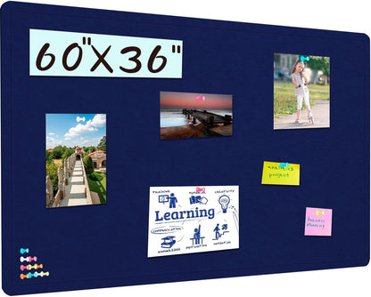 Large Bulletin Board, 60 X 36 inches Cork Board with 30 Pushpin, 5' x 3' Felt Cork Board Notice Pin Board, Self-Adhesive Vision Board Mood Board Foldable Photo Board for Wall - Dark Blue