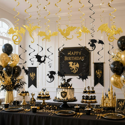 Sumind 30 Pcs Dragon Hanging Swirls Party Decorations, Black and Gold Dragon Ceiling Hanging Decor for Medieval Fantasy Themed Birthday Party Supplies, 10 Designs