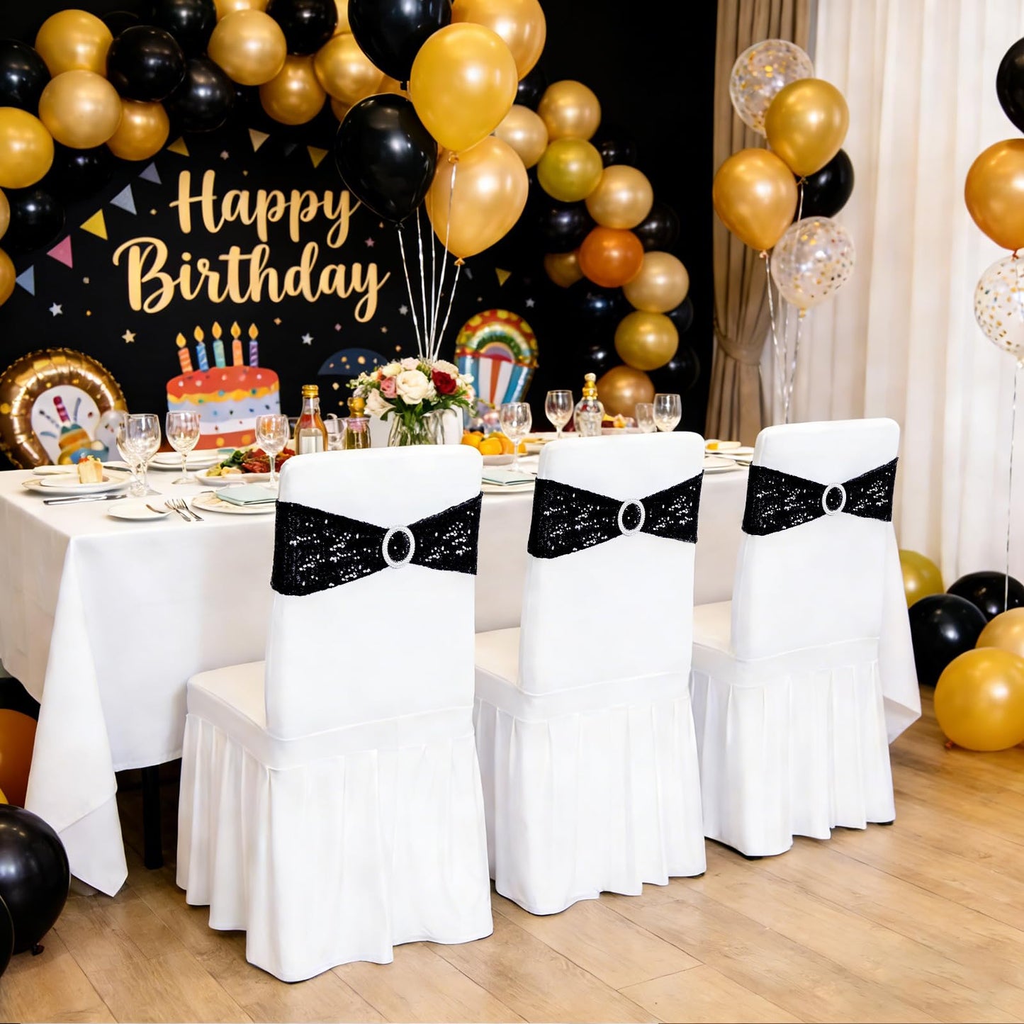 Poise3EHome Pack of 10 Black Sequin Chair Sashes, Double Sided Glitter Stretchy Chair Bands with Buckle for Home Party Bridal Shower Wedding Banquet Reception Decorations