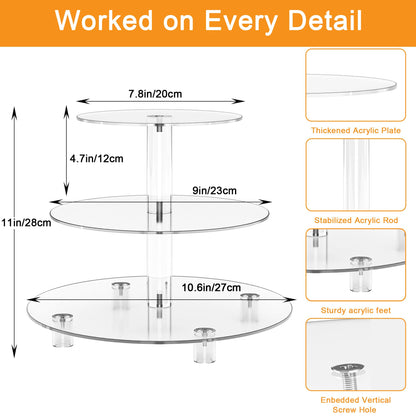 Acrylic Cupcake Stand, Clear Dessert Tower Holder Display with Base for Wedding, Party, Baby Shower, 3 Tier Round, Transparent