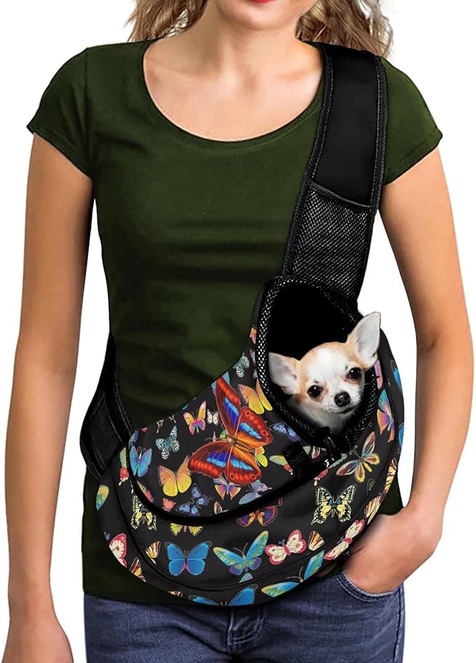 FUSURIRE Colorful Butterfly Print Pet Carrier Sling for Small Dogs Cats Hands Free Pet Puppy Outdoor Travel Carrier Bag Adjustable Strap Padded Shoulder Sling Travel Tote Bag up to 5lb Puppy