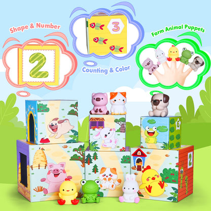 ShyLizard Toddler Farm Animal Sorting and Stacking Toys, Nesting Boxes and Blocks With Finger Puppets - Gifts for 1-3 Year Olds