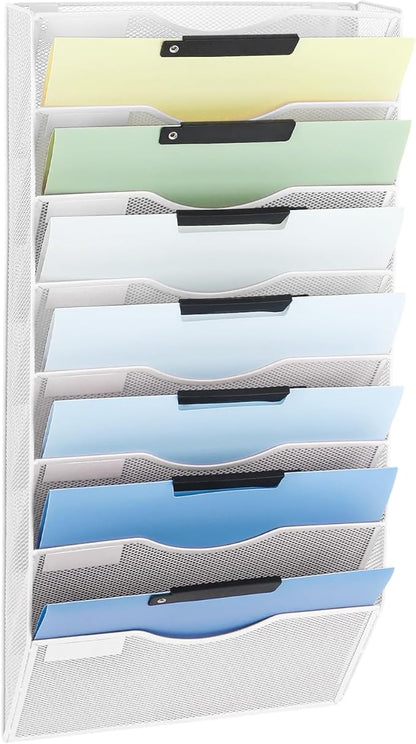 EASEPRES 8 Pocket Mesh Hanging Wall File Organizer, Wall Mounted Mail Paper Document Folder Holder, Clipboard Storage Organization Magazine Rack with Nametag Label for Office Home School, White