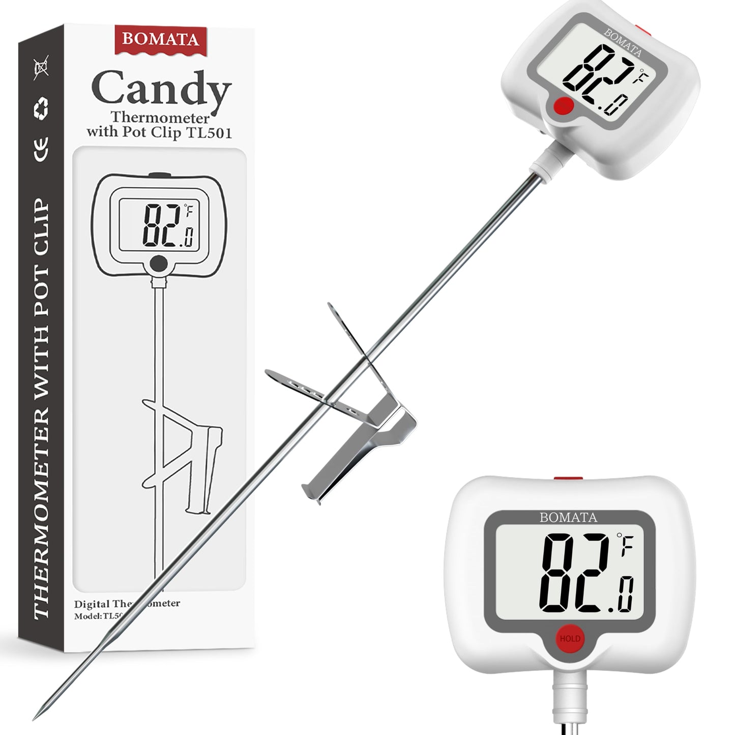 BOMATA Candy Thermometer with Pot Clip, Instant Read Cooking Thermometer with 8" Long Probe, Rotating Display, for Candy Making, Food, Candle Making, Liquids, Water, Baking, Sugar, Grilling. White