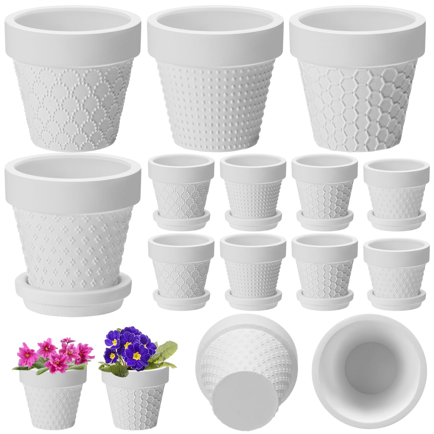 Meanplan 12 Pcs 3 Inch DIY Ceramic African Violet Pots with Saucer Unpainted Ceramic Paintable Flowerpots Small Embossed Flower Pots for Garden Windowsill Indoor Outdoor Wedding Favors Gifts