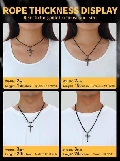 U7 Black Leather Cord Necklace with Stainless Steel Clasp, Men Women 2mm Wide Woven Wax Rope Chain for Pendant, Length 16 Inch