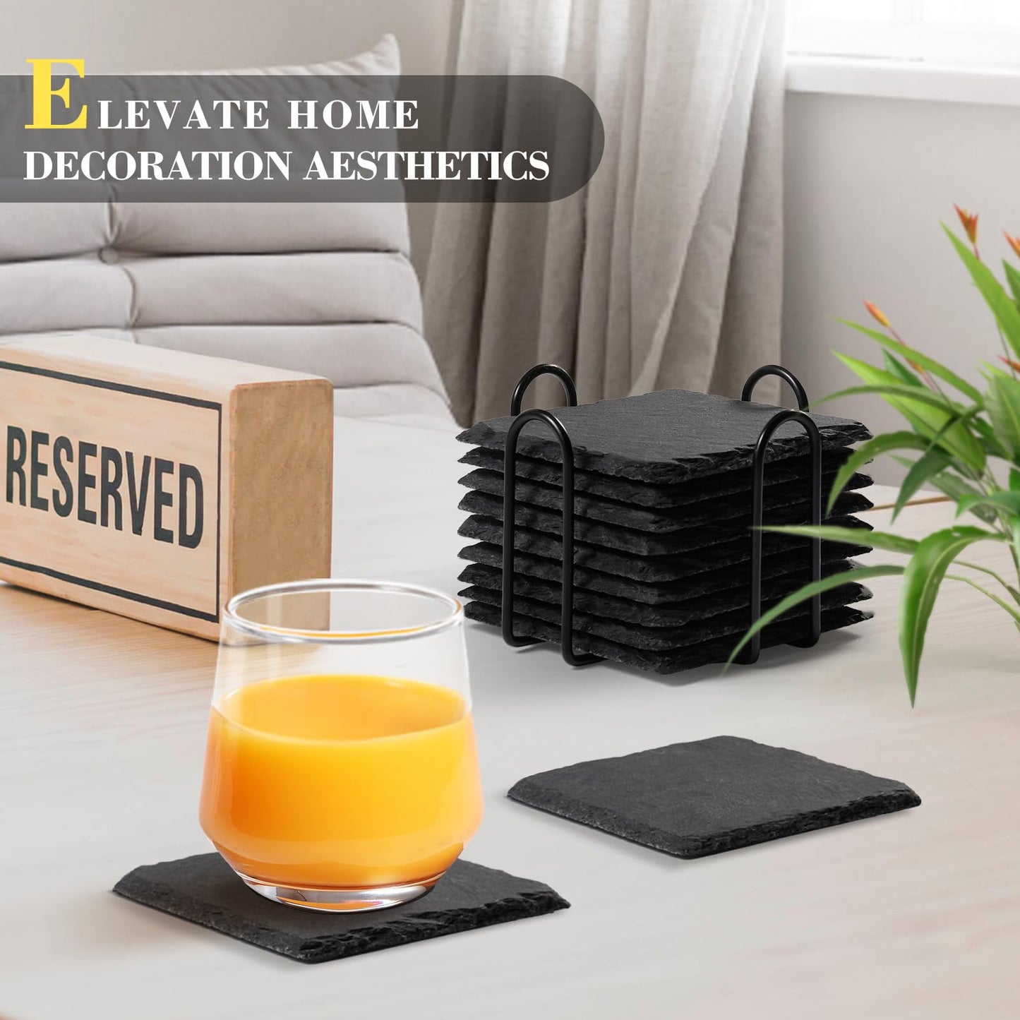 Slate Drink Coasters with Metal Holder, GOH DODD Set of 8 Black Coasters, 4 Inch Stone Coaster Set Tabletop Protection for Home Outdoor Kitchen Apartment Decor Housewarming Gifts Wedding Party, Square
