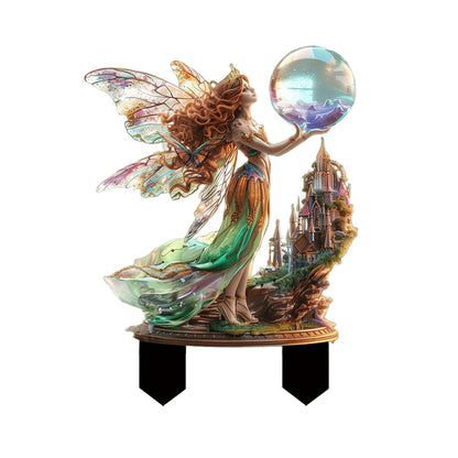 ANNUOZE Fairy Garden Stake Decor, 2D Flat Acrylic Fairy Garden Decor Panel, Elf Yard Sign for Outdoor Indoor Yard Lawn Plants Pots, Fairy Garden Accessories (Fairy with Crystal Ball)