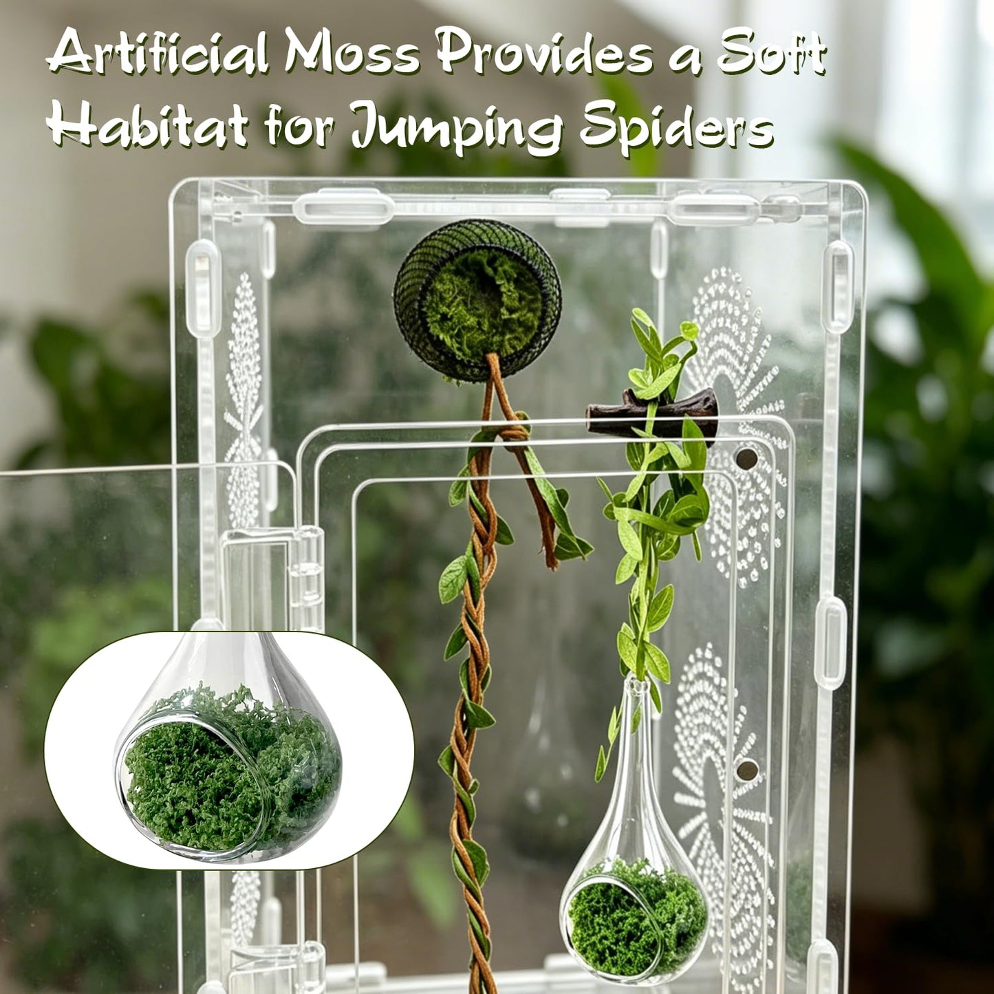 Jumping Spider Accessories, 7-Piece Set with Hidden Glass Sphere Habitat, Cloud Ledges, Tree Branches, and Realistic Moss for Spider Habitats and Terrarium Decorations (7, Orange)