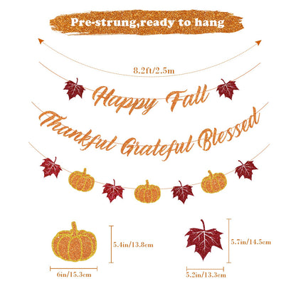 Tinbax Fall Decorations Home Thanksgiving decor - Happy Fall and Blessed Grateful Thankful Banner with Pumpkin Maple Leaves Sign Garland Banner(Pre-Strung)