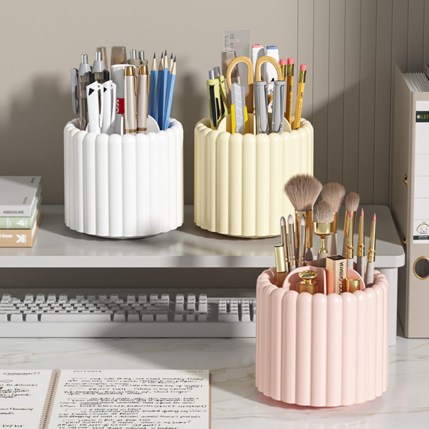 Sallurna Desk Organizer, 360° Rotating Pen Holder for Desk, Pencil Cup with 7 Compartments Storage Box Caddy for Kids, Office, School, Home (Pink)