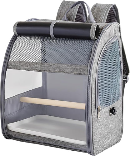 Bird Backpack Carrier, Gray Pet Travel Cage, Mesh Window, Large Space for Cockatiels and Pigeons, Portable with Removable Perch & Tray, 12.2 X 9.6 X 15 in