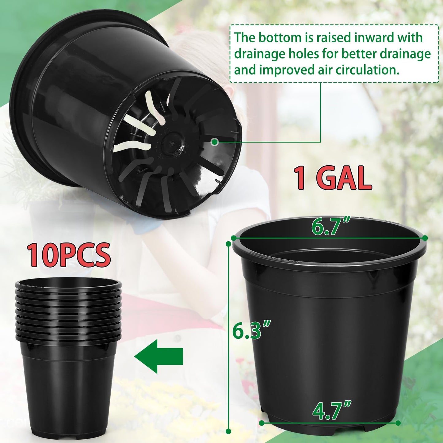 OUPSAUI 1 Gallon Pots for Plants, 6.7 Inch Plant Pots with Drainage Holes, Sturdy Plastic Large Nursery Pot, 1 Gallon Nursery Pots for Seedlings, Succulents, Cuttings