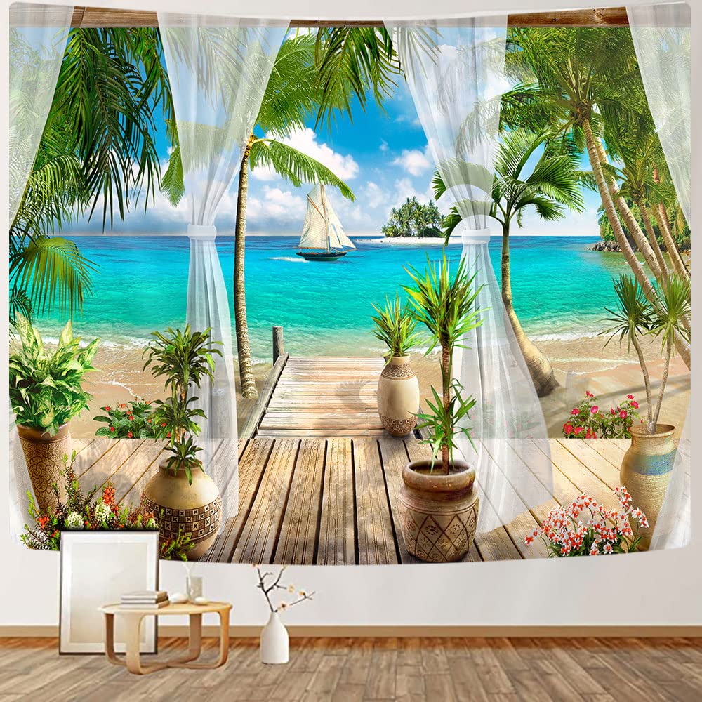 Ocean Beach Tapestry, Nature Coconut Palm Tree Garden Scenery Window Tapestries Wall Hanging for Bedroom College Dorm Decor, Summer Tropical Sea Hawaii Landscape Outdoor Poster Blanket 60X40 Inch