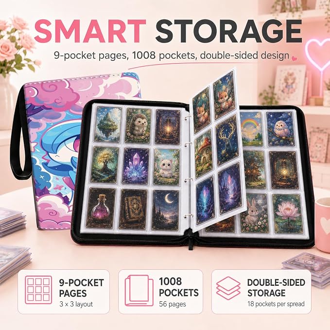 1008 Cute Card Binder 9 Pocket, 3-Ring Trading Card Binder with 56 Page Removable Sleeves, High Storage Waterproof Trading Card Holder Collection Card Album Organizer Case for TCG Cards - Blue