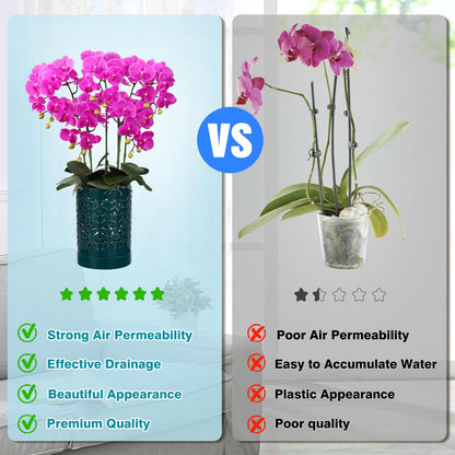 mwellewm Orchid Pot with Holes Ceramic Plant Pots Indoor Outdoor Flower Pots for Repotting with Drainage and Saucer 4 Inch Breathable Slotted Orchids Planter (Green)