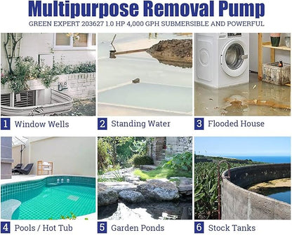 Green Expert 1HP Submersible Sump Pump 4000GPH High Flow Full Stainless Steel 25FT Power Cord Fast Water Drainage for Flood Pool Garden Pond Hot Tub Rain Barrel Heater Flush Household Drain System