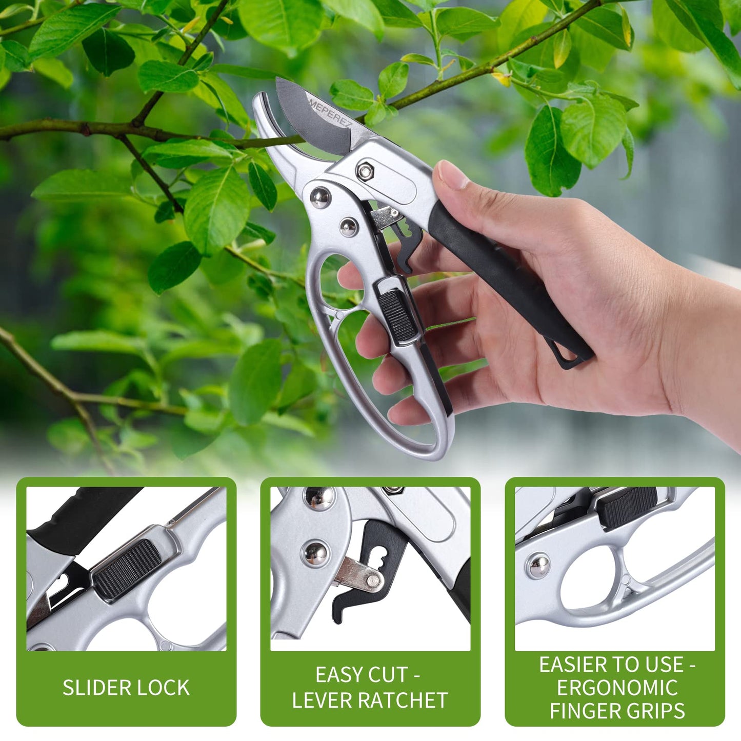 MEPEREZ Premium German-Made Pruning Shears – Ergonomic, Heavy-Duty Hand Pruners Designed for Precision Cutting of Plants; Ideal for Gardeners and Individuals with Arthritis or Reduced Hand Strength