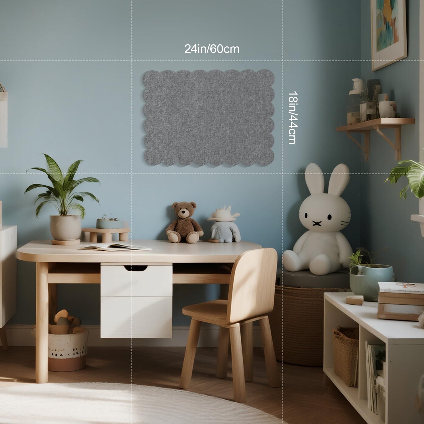 Lightomorrow Scalloped Bulletin Board, 24 x 18 Inches Felt Pin Board - Decorative Cork Alternative for Wall, Foldable Picture Self-Adhesive Vision Prayer Board with 20 Pushpins - Gray