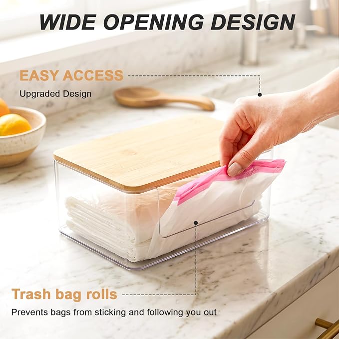 2 Pack Trash Bag Holder, Stackable Garbage Bag Dispenser with Lid | Clear Plastic Organizer with Bamboo Lid, Space-Saving Under Sink Storage for Kitchen, Laundry Room, Pantry & Cabinet