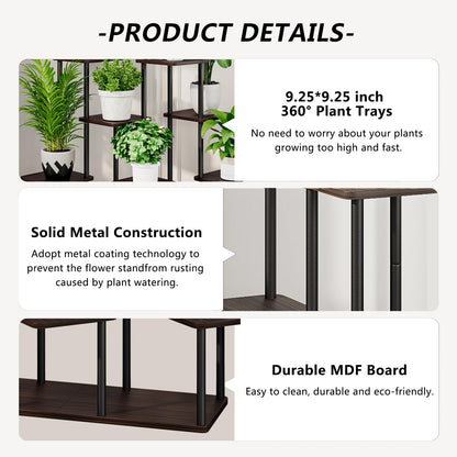 AZERPIAN Plant Stand 9 Tier Indoor Metal Flower Shelf for Multiple Plants Corner Tall Flower Holders for Patio Garden Living Room Balcony Bedroom, Black Oak