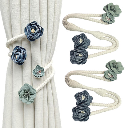 Flower Curtain Tie Backs, Flexible Curtain Holdbacks Clips Cute Twist Bough Handmade Curtain Tieback Decorative Rope for Besdroom Window Treatment (2, Rose Flower Blue)