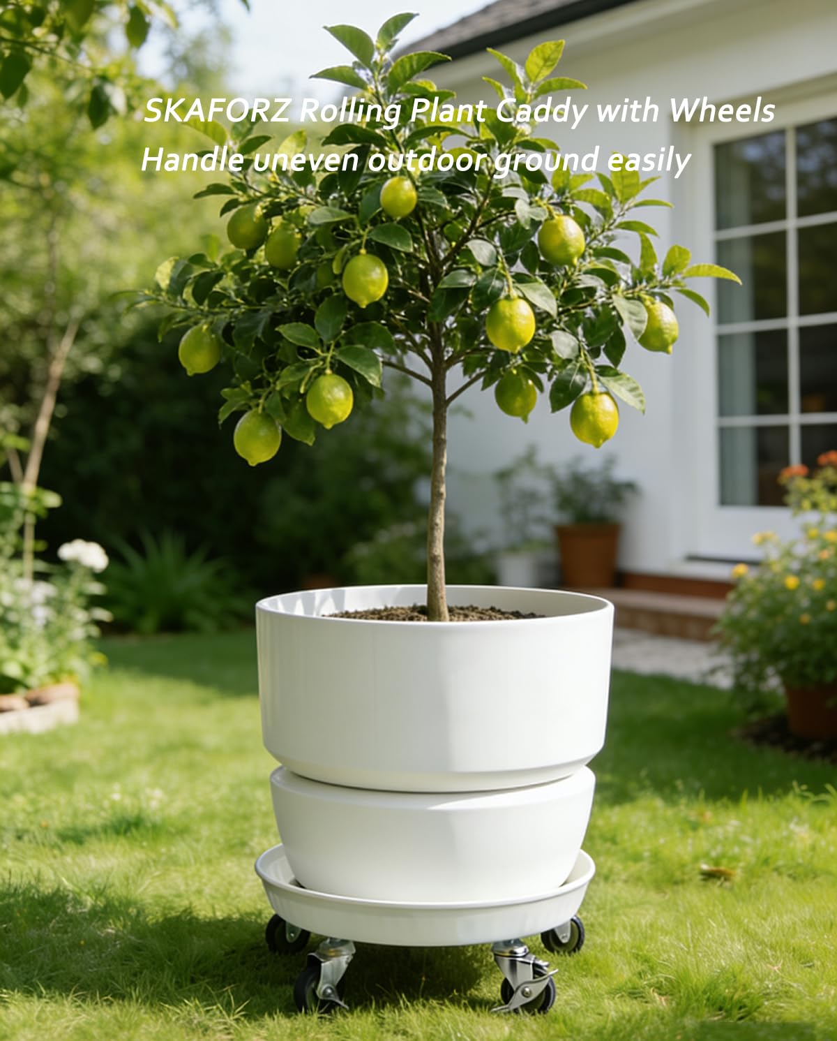 SKAFORZ Rolling Planter Caddy(470lbs Capacity), Heavy Duty Metal Plant Stand with Brake Wheels Plant Dolly Mover Plant Pot Tray Saucer for Indoor Outdoor 18inches White