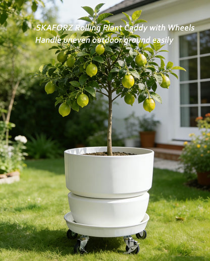 SKAFORZ Rolling Planter Caddy(470lbs Capacity), Heavy Duty Metal Plant Stand with Brake Wheels Plant Dolly Mover Plant Pot Tray Saucer for Indoor Outdoor 18inches White