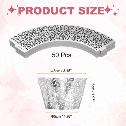 HARFINGTON 50 Pcs Lace Cupcake Liners Standard Vine Designed Hollow Out Cupcake Wraps Artistic Bake Cake Paper Cups for Anniversary Birthday Weddings Parties, Reflective Silver