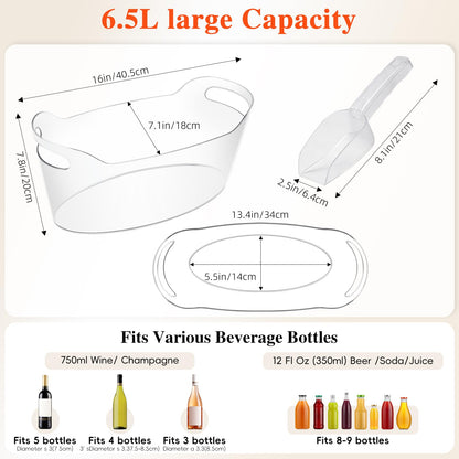Berverra 6.5L Plastic Ice Buckets for Parties, 2-Pack Large Ice bucket Clear Beverage Tub Ice Container with Scoops, Champagne Bucket and Drink Buckets for Wine,Beer,Cocktails and Bar Supplies