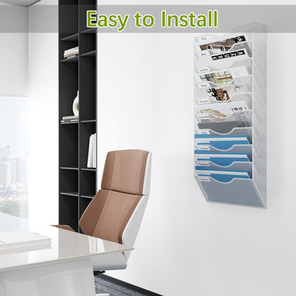 EasyPAG 10 Pocket Mesh Wall File Organizer, Hanging Paper Folder Holder with Classify Label, Vertical Wall Mount Mail Organizer for Office Home Classroom, White